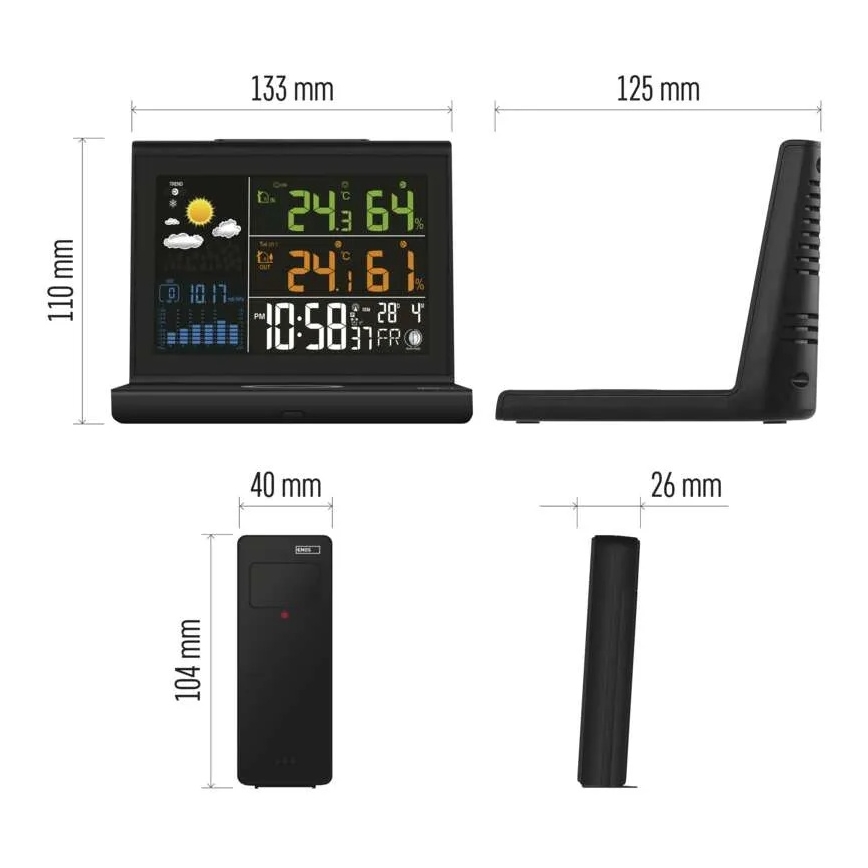 Stație meteo cu încărcare fără fir 5V, 2xAA + 2xAAA, negru