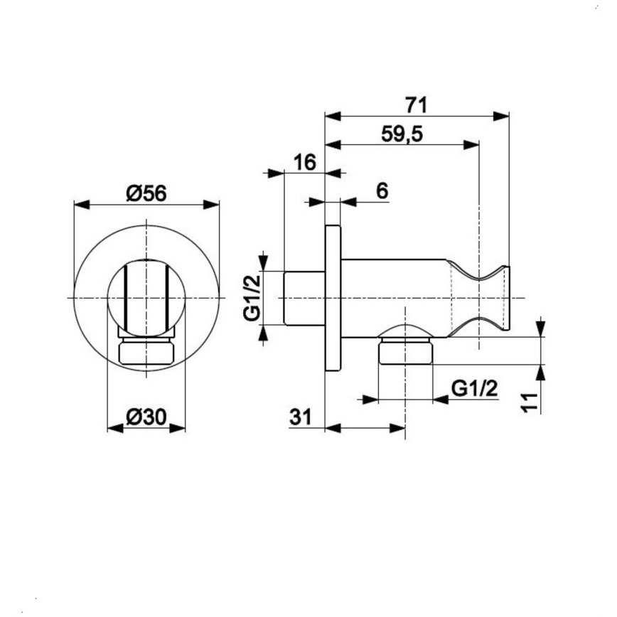 Suport rotund de duș cu cot de ieșire KFA Armatura 845-053-00 MOZA/HALIT crom lucios
