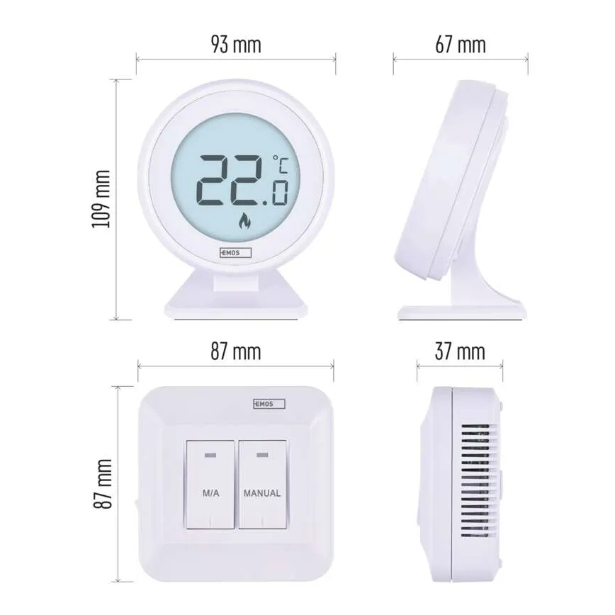 Termostat manual fără fir pentru cameră, 230V/16A, 2xAA, alb