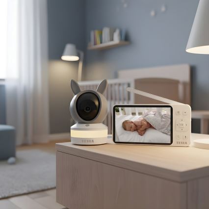 TESLA Electronics Bambino - Monitor inteligent pentru bebeluși cu ecran, cameră 4 MP (2560p), alimentare 5V, baterie 5000 mAh, Wi-Fi, compatibil Tuya, gri/alb