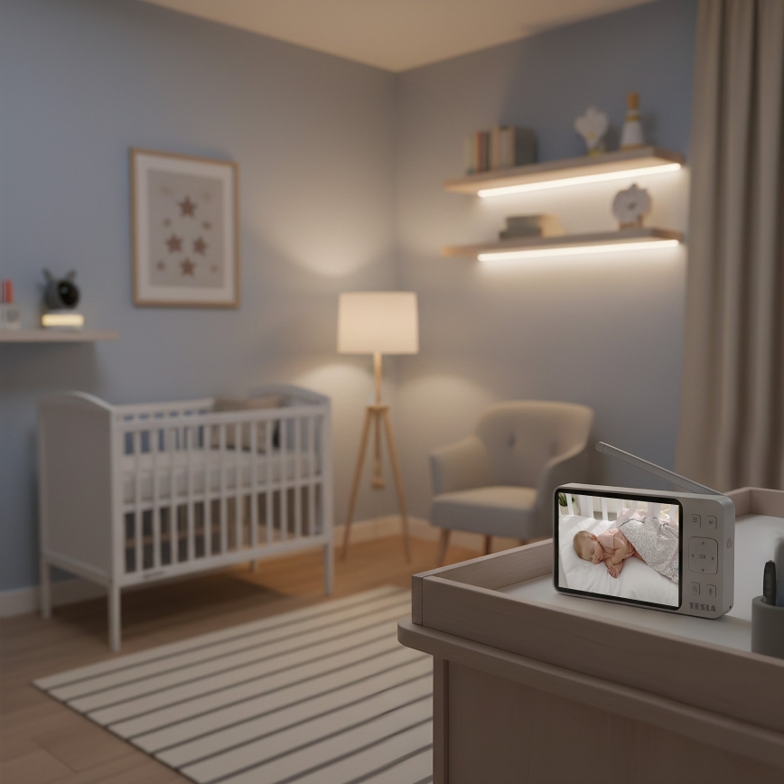 TESLA Electronics Bambino - Monitor inteligent pentru bebeluși cu ecran, cameră 4 MP (2560p), alimentare 5V, baterie 5000 mAh, Wi-Fi, compatibil Tuya, gri/alb