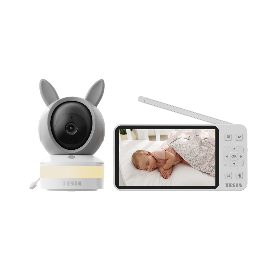 TESLA Electronics Bambino - Monitor inteligent pentru bebeluși cu ecran, cameră 4 MP (2560p), alimentare 5V, baterie 5000 mAh, Wi-Fi, compatibil Tuya, gri/alb