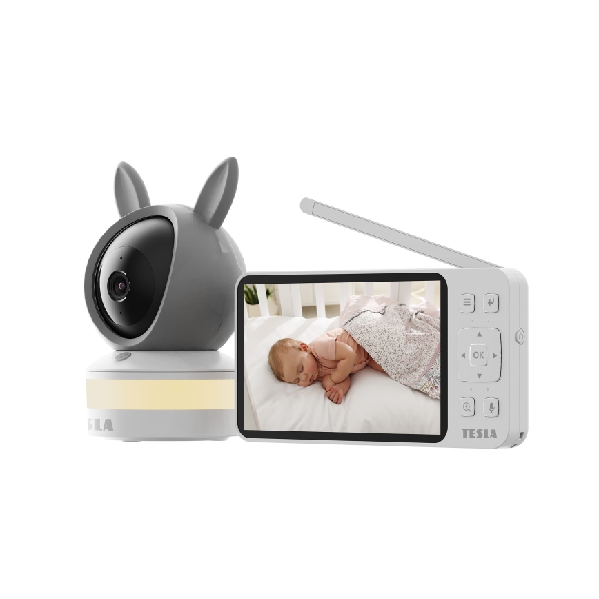TESLA Electronics Bambino - Monitor inteligent pentru bebeluși cu ecran, cameră 4 MP (2560p), alimentare 5V, baterie 5000 mAh, Wi-Fi, compatibil Tuya, gri/alb