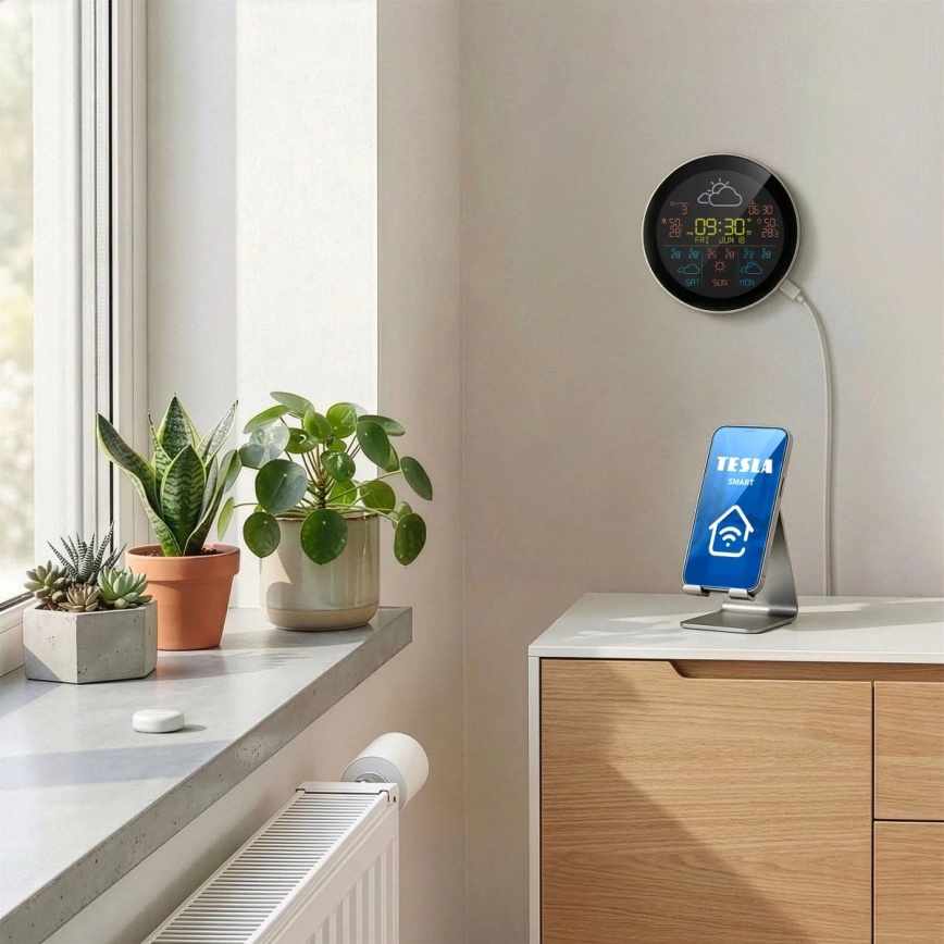 Dispozitiv TESLA Electronics - Stație meteo inteligentă cu senzor, baterie 400 mAh, Wi‑Fi Tuya, IP44
