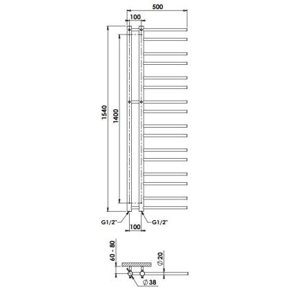 THEIA P.M.H. T2B - radiator de baie tip scară, 352 W, 154 cm, montare pe partea dreaptă, negru