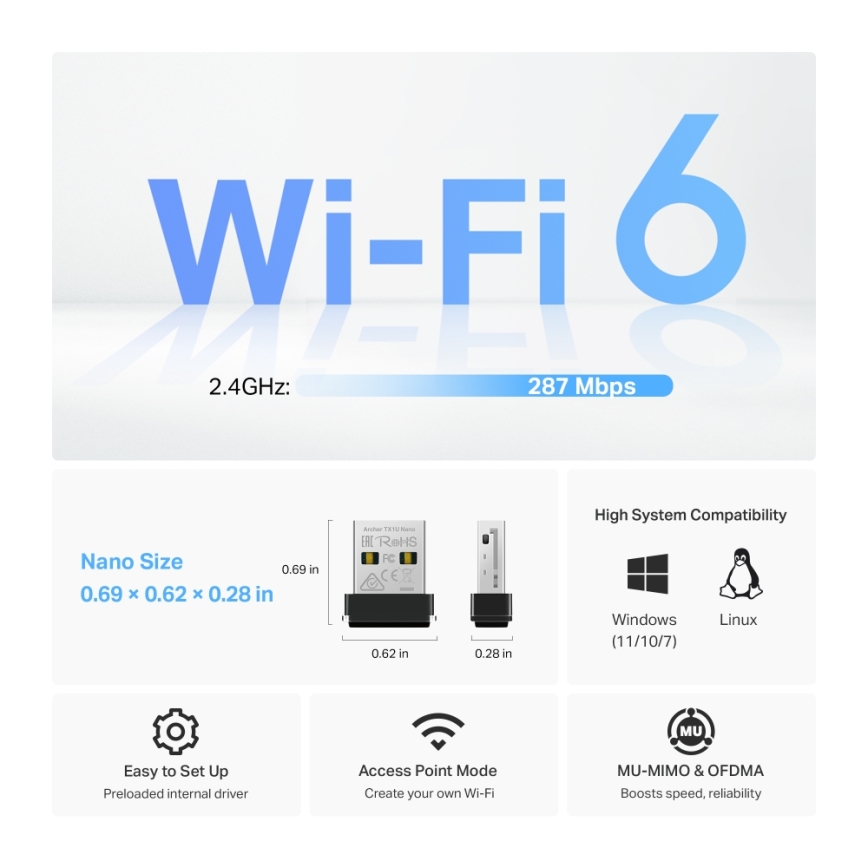 TP-Link - Adaptor USB nano Wi-Fi 6 fără fir