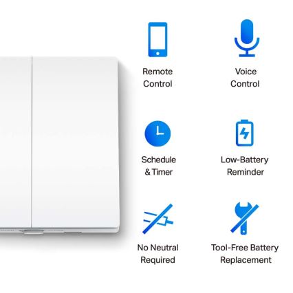 TP-Link - Întrerupător inteligent dublu pentru iluminat, Wi‑Fi, alimentat cu 2 baterii AAA