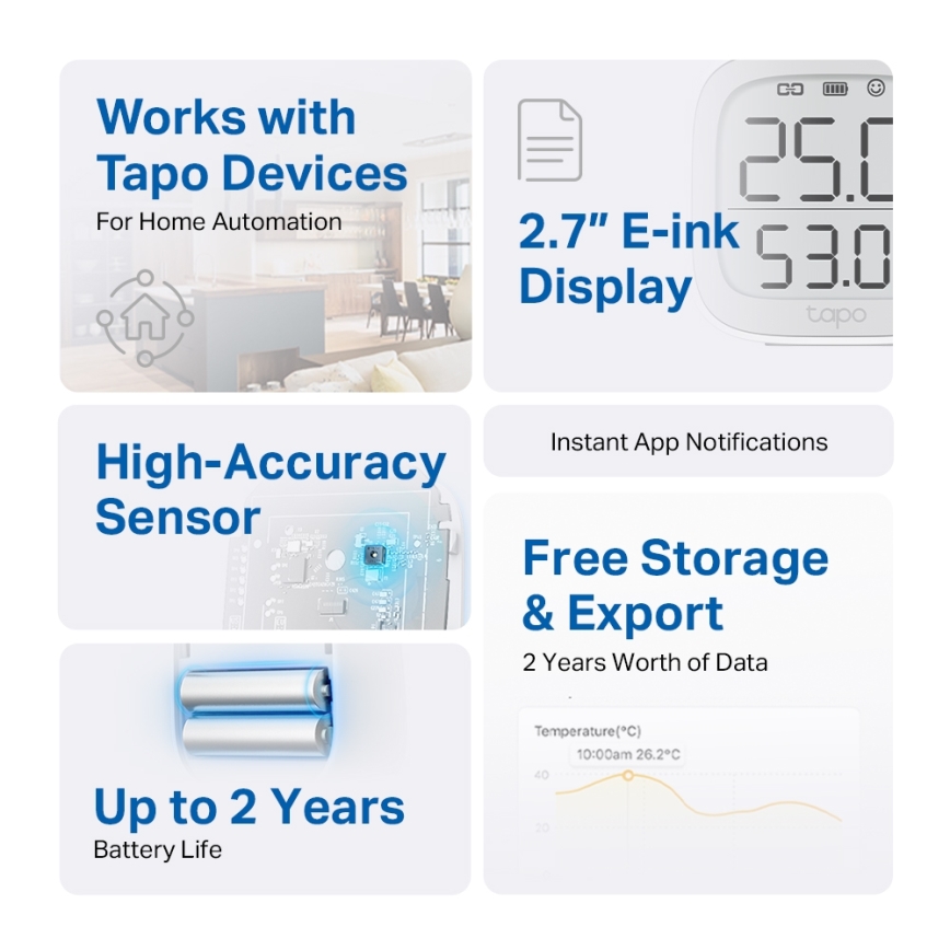 TP-Link - Monitor inteligent pentru măsurarea temperaturii și umidității, Wi-Fi, alimentat cu 2x AAA