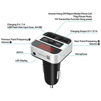 Transmițător FM auto cu Bluetooth CONNECT IT CCC-8800-SL negru/argintiu