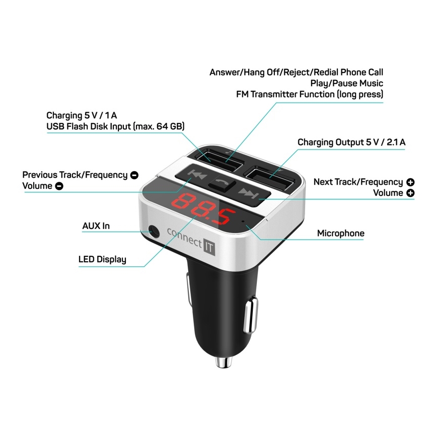Transmițător FM auto cu Bluetooth CONNECT IT CCC-8800-SL negru/argintiu