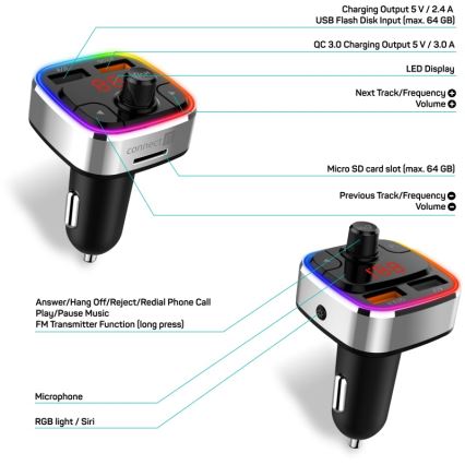 Transmițător FM LED RGB auto cu Bluetooth CONNECT IT CCC-9090-SL negru/argintiu