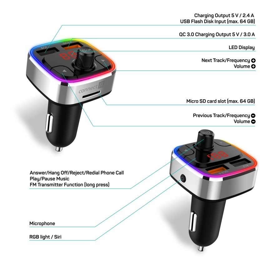 Transmițător FM LED RGB auto cu Bluetooth CONNECT IT CCC-9090-SL negru/argintiu