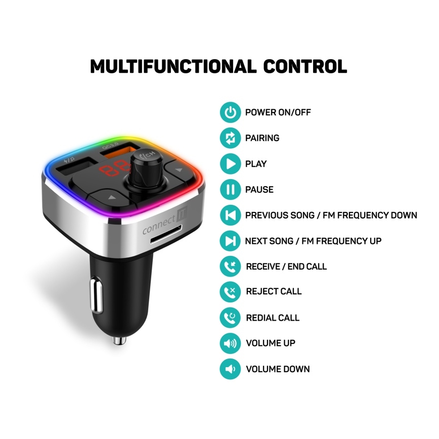 Transmițător FM LED RGB auto cu Bluetooth CONNECT IT CCC-9090-SL negru/argintiu