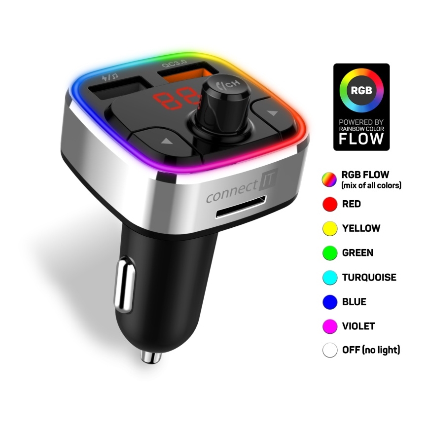 Transmițător FM LED RGB auto cu Bluetooth CONNECT IT CCC-9090-SL negru/argintiu