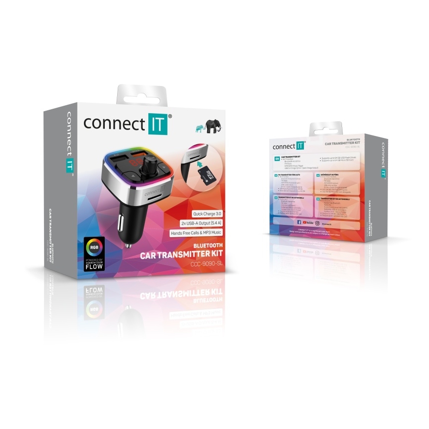 Transmițător FM LED RGB auto cu Bluetooth CONNECT IT CCC-9090-SL negru/argintiu