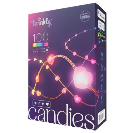 Twinkly CANDIES - Ghirlandă LED RGB dimerizabilă, 100 LED, 8 m, USB, Wi‑Fi