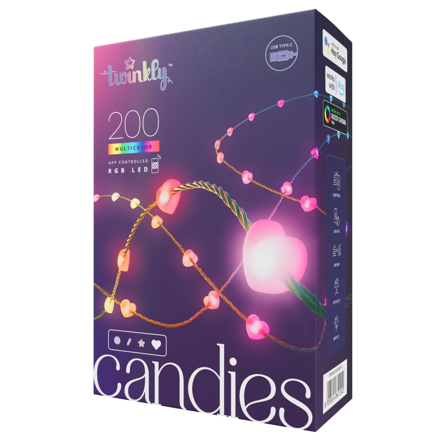 Twinkly - Ghirlandă LED RGB CANDIES, 200 de LED-uri, 14 m, USB, Wi‑Fi, cu intensitate reglabilă