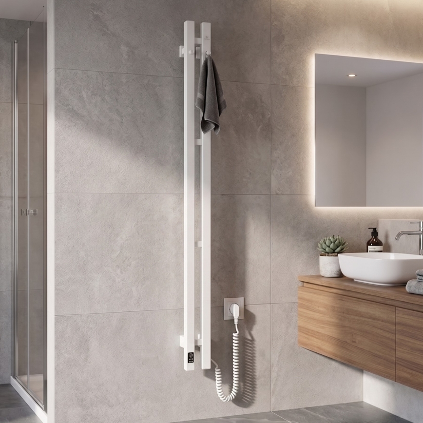 Uscător electric de prosoape cu termostat SILOUETTE 70W 120x9 cm, alb, pe partea dreaptă