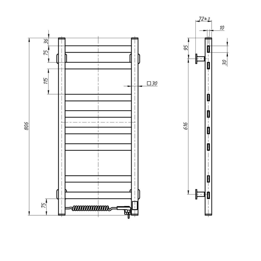 Uscător electric pentru prosoape AVANGARD, 105 W, 80 x 36 cm, negru, montare pe partea stângă, cu termostat
