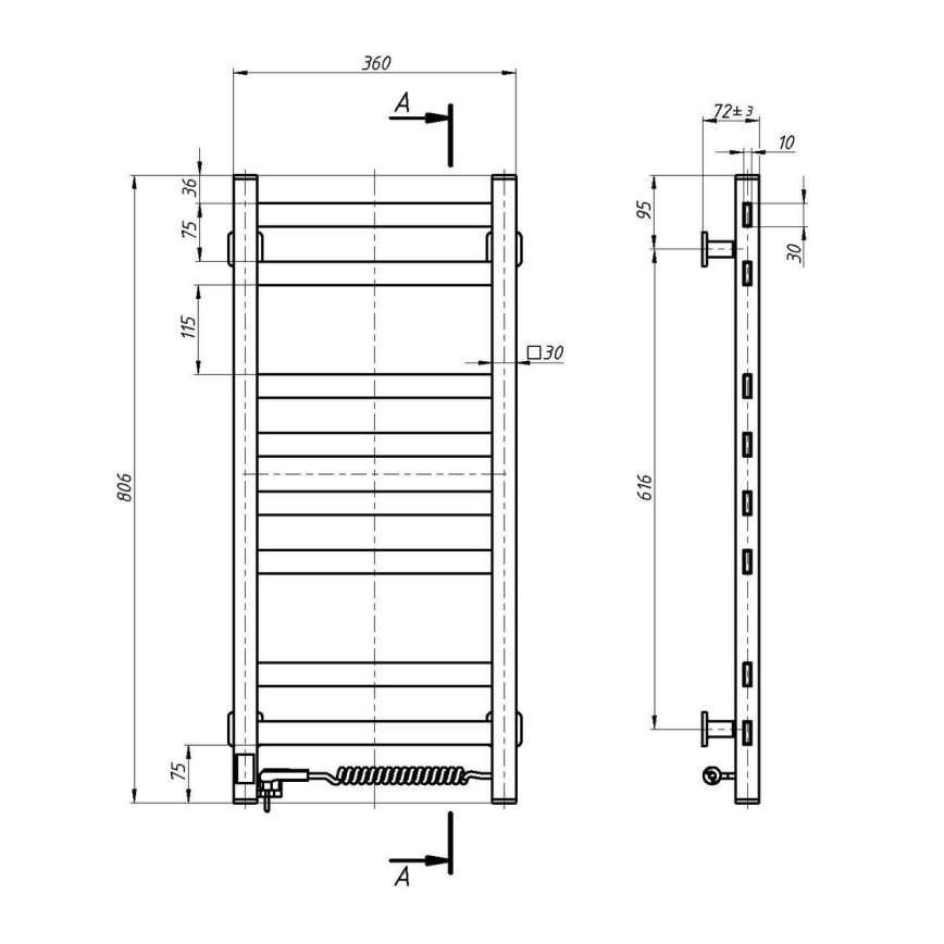 Uscător electric pentru prosoape AVANGARD cu termostat, 105 W, 80 x 36 cm, alb, dreapta