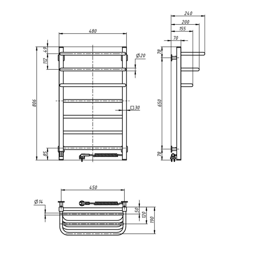 Uscător electric pentru prosoape cu termostat FORTIS 155W 80x48 cm, negru, cu racordare pe partea dreaptă