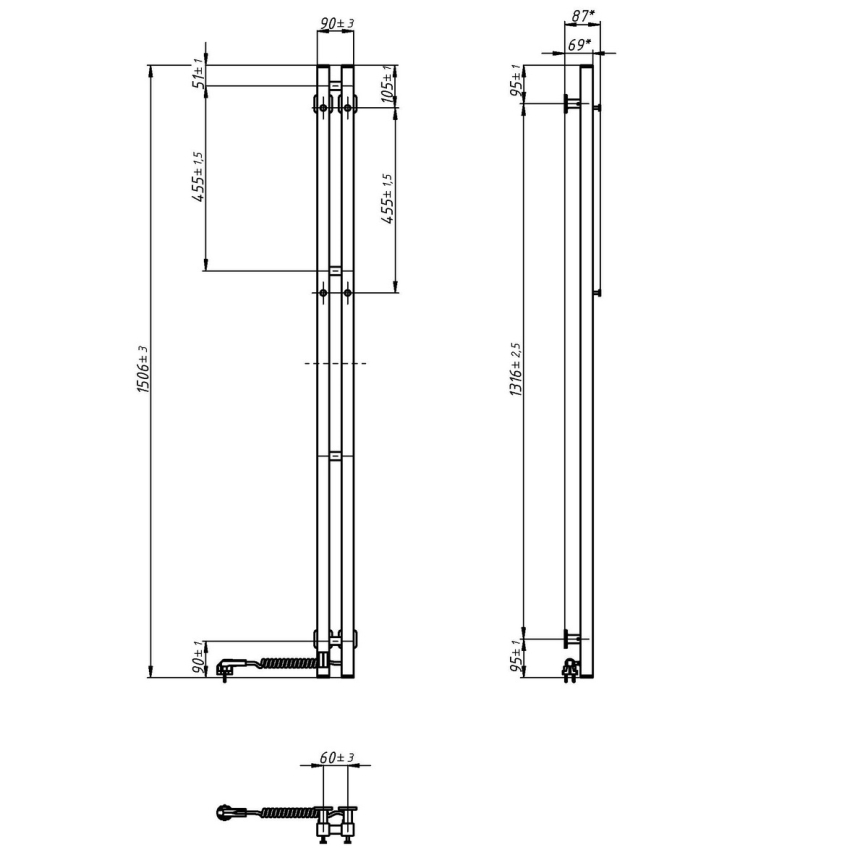 Uscător electric pentru prosoape cu termostat SILOUETTE, 106 W, 150 x 9 cm, negru, montaj pe partea dreaptă