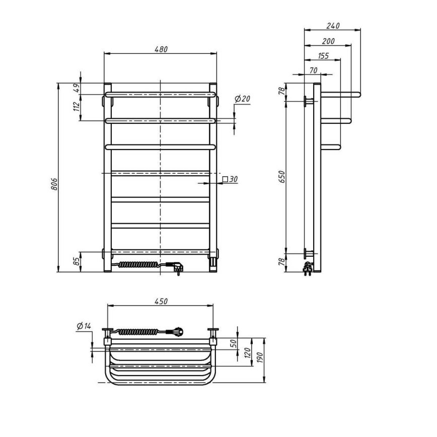 Uscător electric pentru prosoape FORTIS cu termostat, 155 W, 80 x 48 cm, negru, orientare stânga