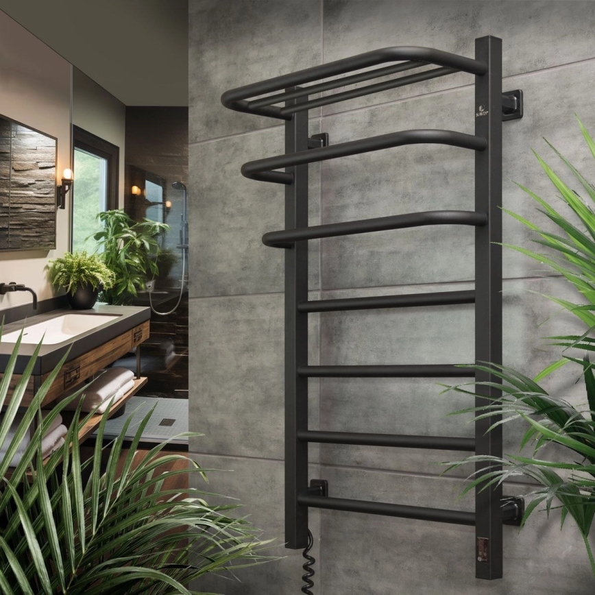 Uscător electric pentru prosoape FORTIS cu termostat, 155 W, 80 x 48 cm, negru, racordare pe dreapta