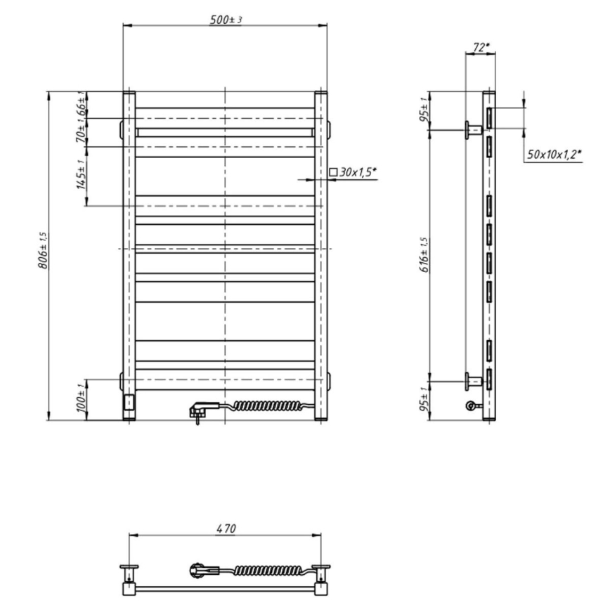 Uscător electric pentru prosoape LARGO, 168 W, 80 x 50 cm, cu termostat, negru, montare pe partea dreaptă