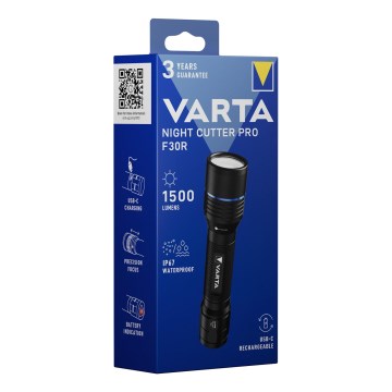 Varta NIGHT CUTTER PRO F30R – lanternă reîncărcabilă cu LED, USB, IP67, 2600 mAh (18921101111)