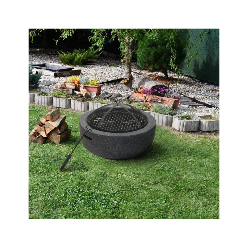 Vatră portabilă pe lemn cu grătar, antracit