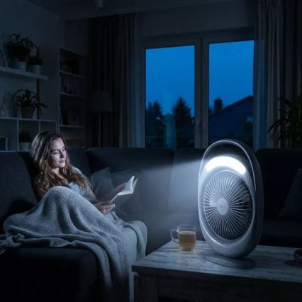 Ventilator de birou reîncărcabil cu iluminare LED, 2,8 W, 5 V USB, 2400 mAh, gri