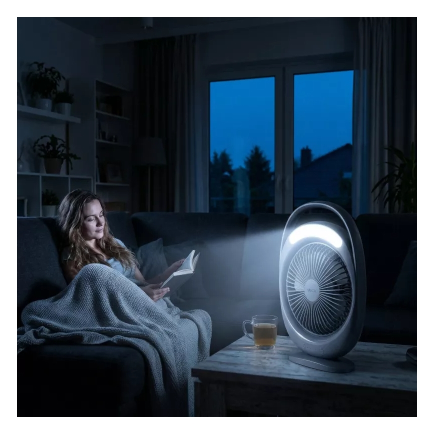 Ventilator de birou reîncărcabil cu iluminare LED, 2,8 W, 5 V USB, 2400 mAh, gri