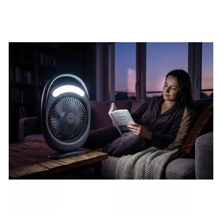 Ventilator de birou reîncărcabil cu iluminare LED, 2,8 W, 5 V USB, 2400 mAh, gri
