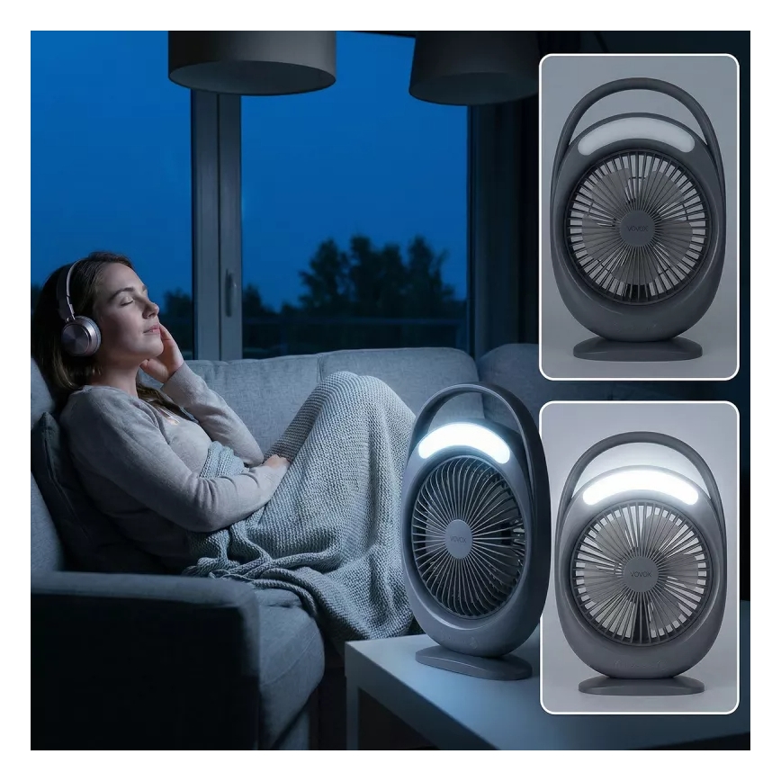 Ventilator de birou reîncărcabil cu iluminare LED, 2,8 W, 5 V USB, 2400 mAh, gri