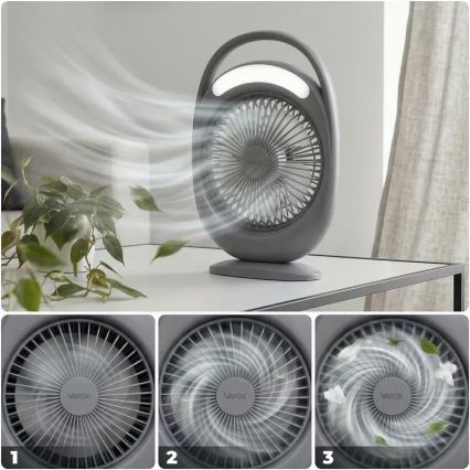Ventilator de birou reîncărcabil cu iluminare LED, 2,8 W, 5 V USB, 2400 mAh, gri