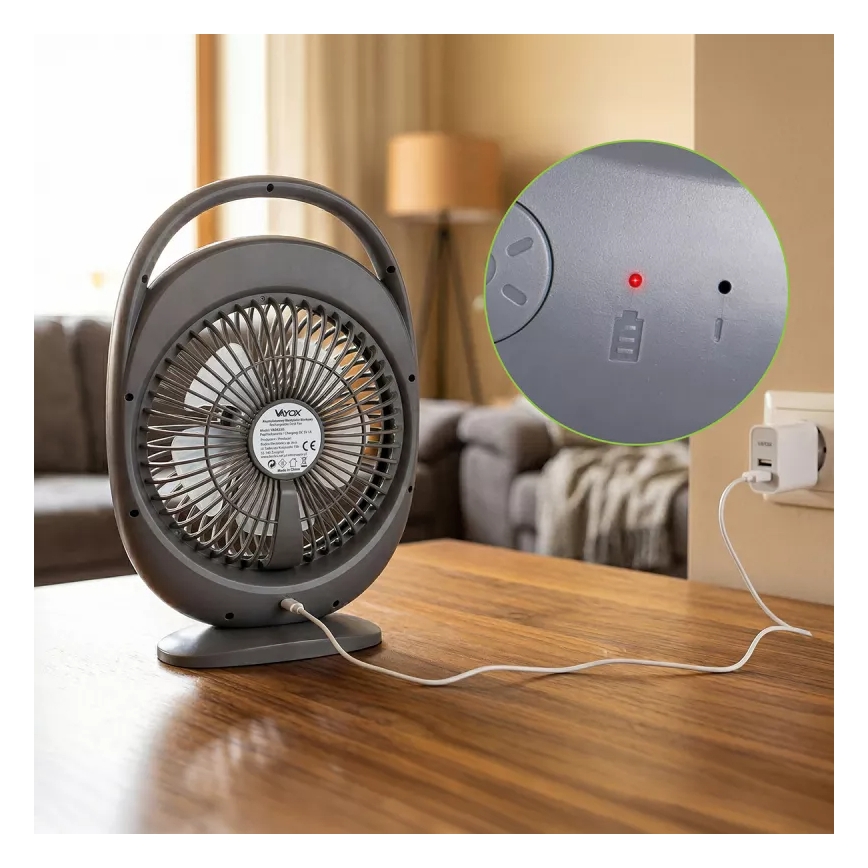 Ventilator de birou reîncărcabil cu iluminare LED, 2,8 W, 5 V USB, 2400 mAh, gri