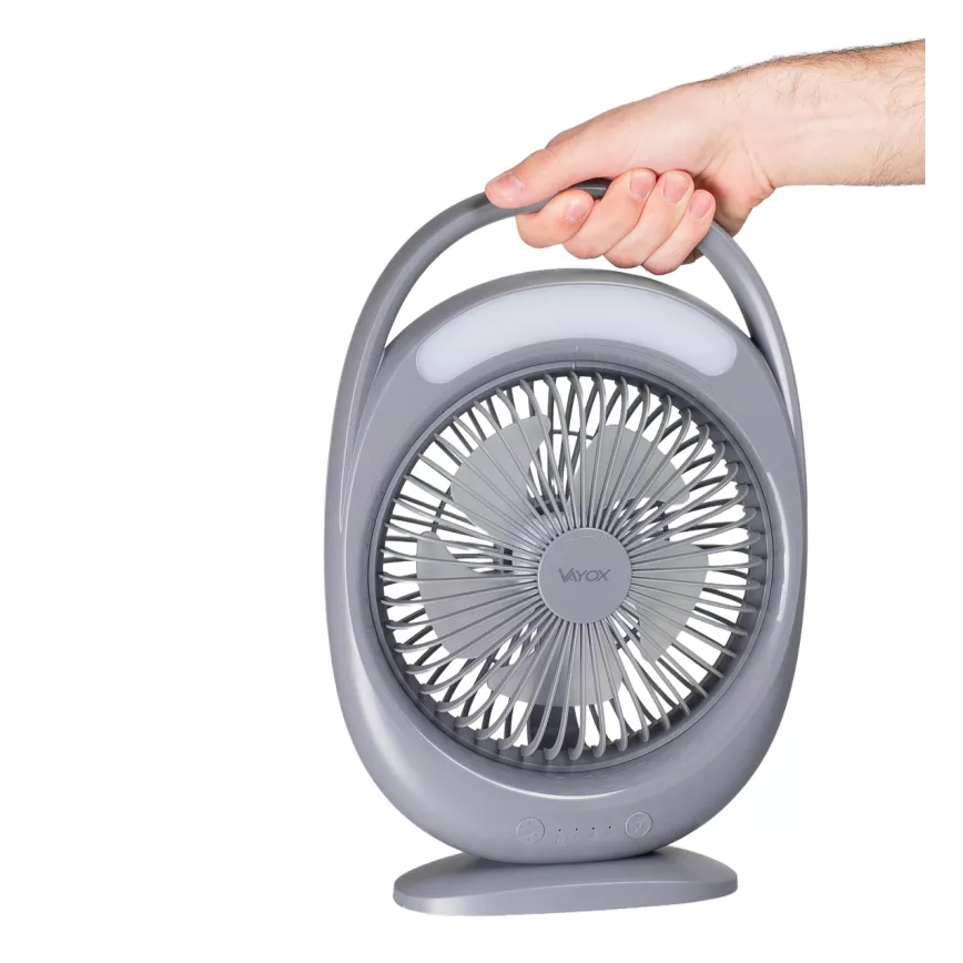 Ventilator de birou reîncărcabil cu iluminare LED, 2,8 W, 5 V USB, 2400 mAh, gri