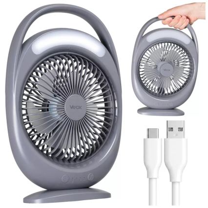 Ventilator de birou reîncărcabil cu iluminare LED, 2,8 W, 5 V USB, 2400 mAh, gri