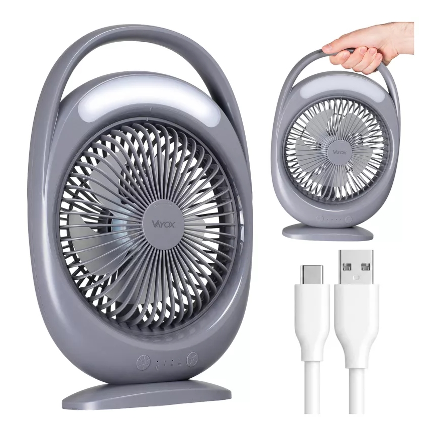 Ventilator de birou reîncărcabil cu iluminare LED, 2,8 W, 5 V USB, 2400 mAh, gri