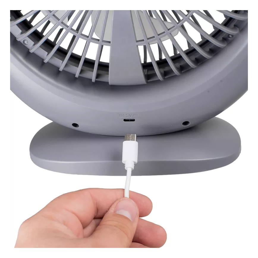 Ventilator de birou reîncărcabil cu iluminare LED, 2,8 W, 5 V USB, 2400 mAh, gri