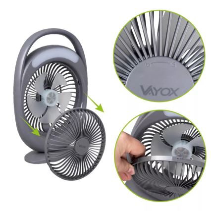 Ventilator de birou reîncărcabil cu iluminare LED, 2,8 W, 5 V USB, 2400 mAh, gri