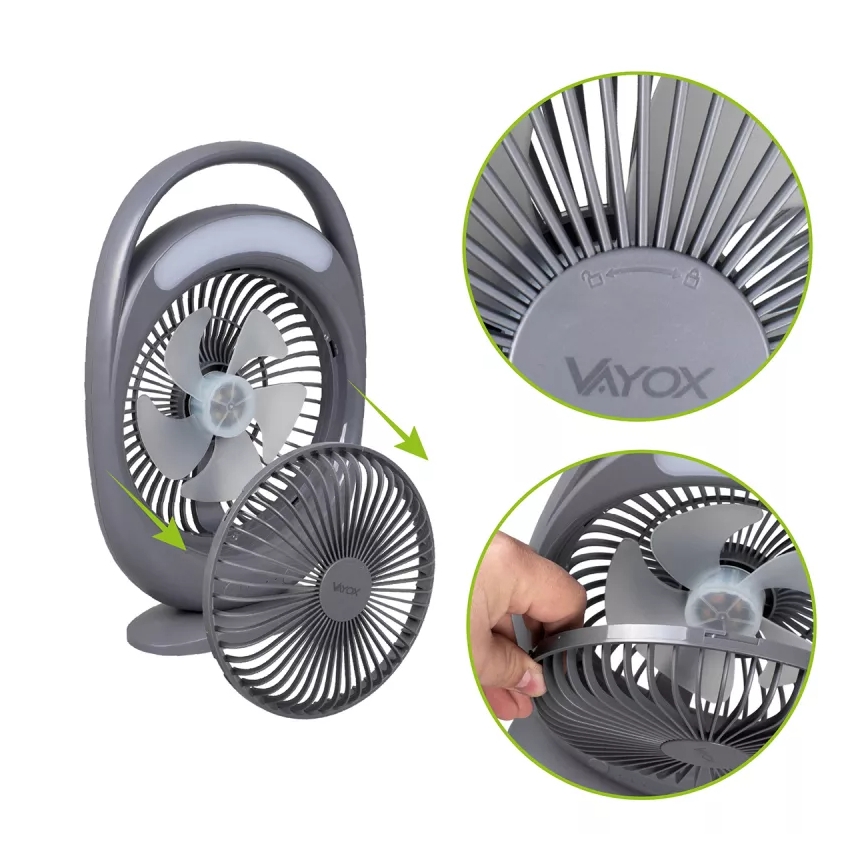 Ventilator de birou reîncărcabil cu iluminare LED, 2,8 W, 5 V USB, 2400 mAh, gri