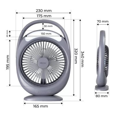 Ventilator de birou reîncărcabil cu iluminare LED, 2,8 W, 5 V USB, 2400 mAh, gri