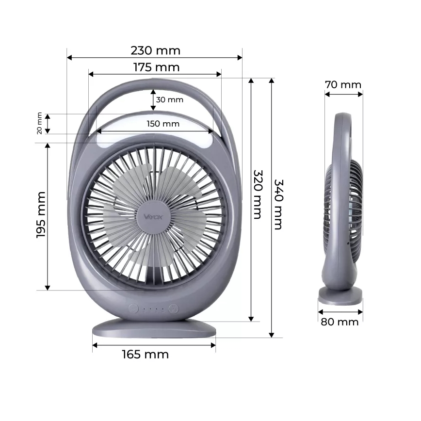 Ventilator de birou reîncărcabil cu iluminare LED, 2,8 W, 5 V USB, 2400 mAh, gri