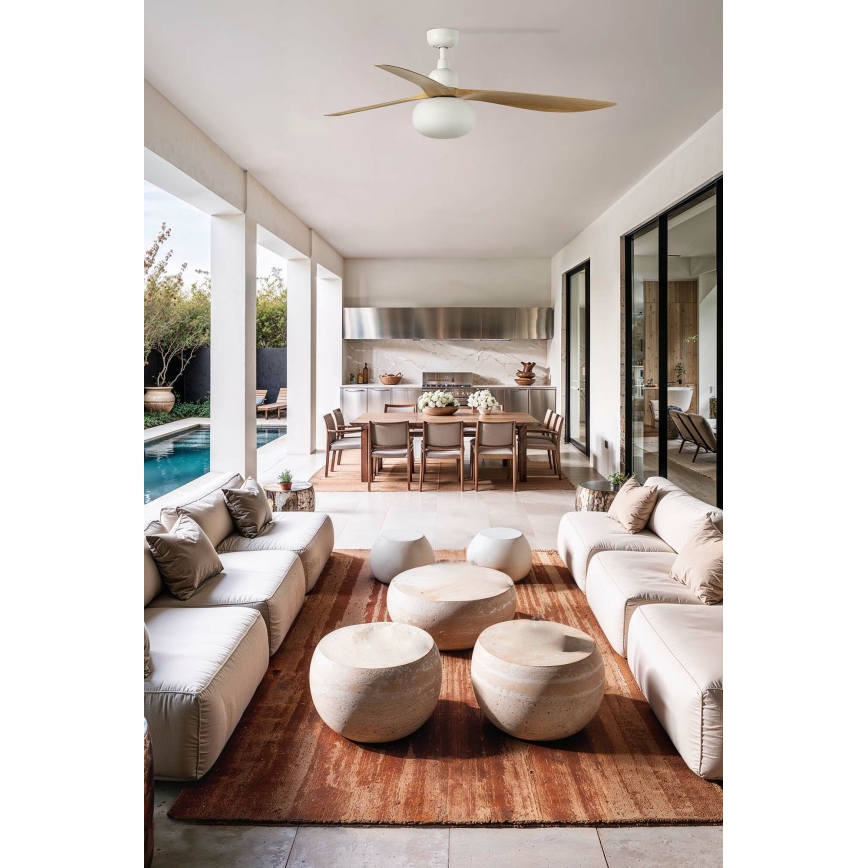 Ventilator de tavan FARO 34361WT-11L OUTWOOD L 1xE27/15W/230V maro/alb d. 150 cm Wi-Fi Tuya IP44 + telecomandă