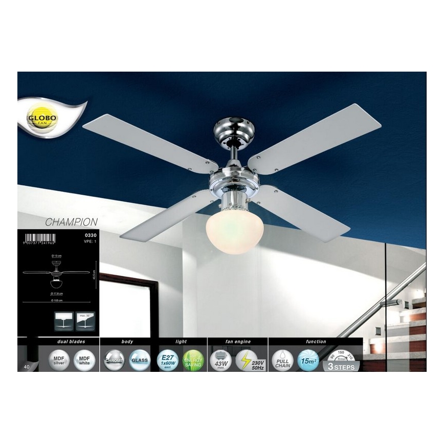 GLOBO 0330 - Ventilator CHAMPION 1xE27/60W/230V