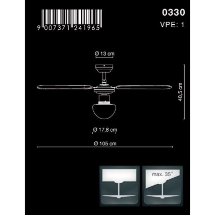 GLOBO 0330 - Ventilator CHAMPION 1xE27/60W/230V