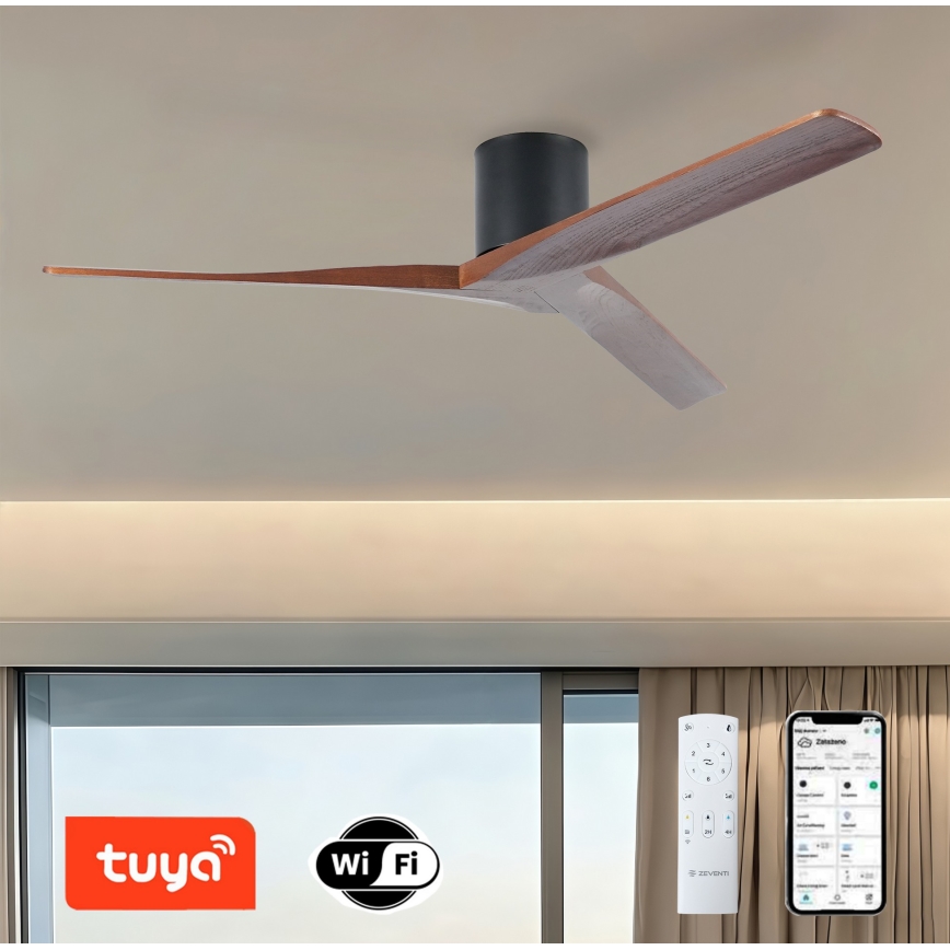 ZEVENTI - Ventilator de tavan VELLON Wi-Fi Tuya negru/nuc + telecomandă