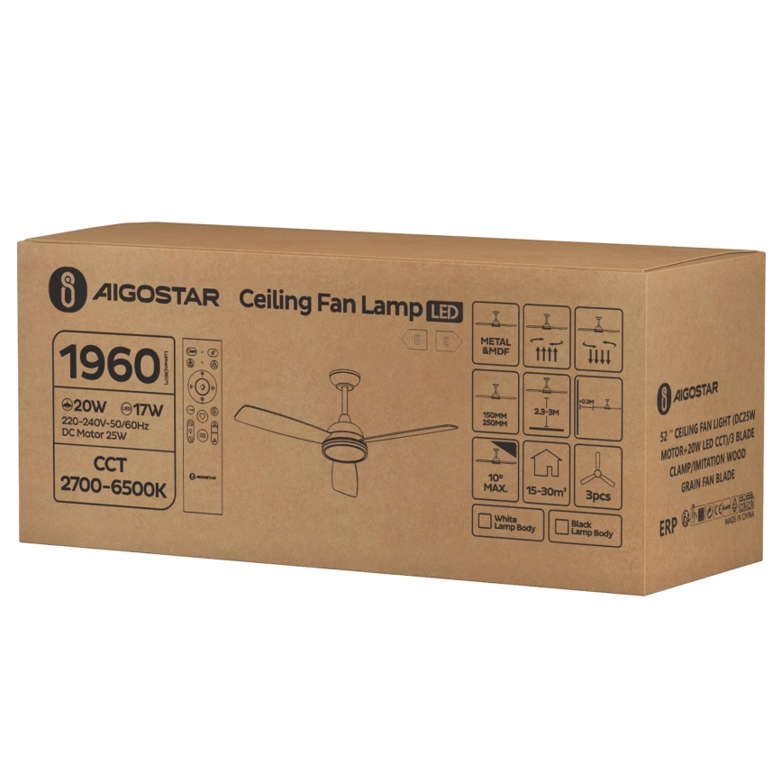 Ventilator LED dimabil de tavan Aigostar LED/20W/230V 2700-6500K 132 cm maro + telecomandă